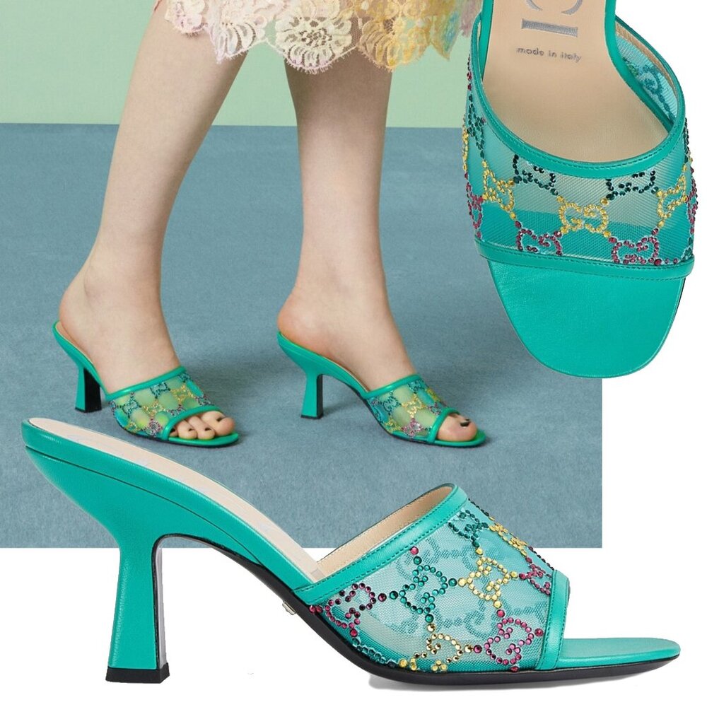 GUCCI SHOES TOM MESH w GG LOGO CRYSTALS MULES SLIDES TURQUOISE sz 39.5 9.5